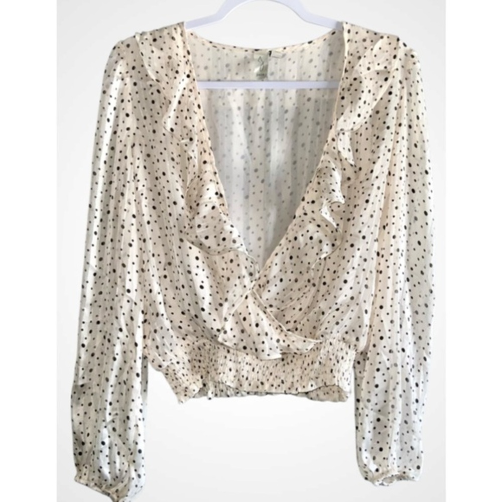 Joie Cream Polka Dot Metallic Ruffle Plunging Deep V Long Sleeve Blouse SP